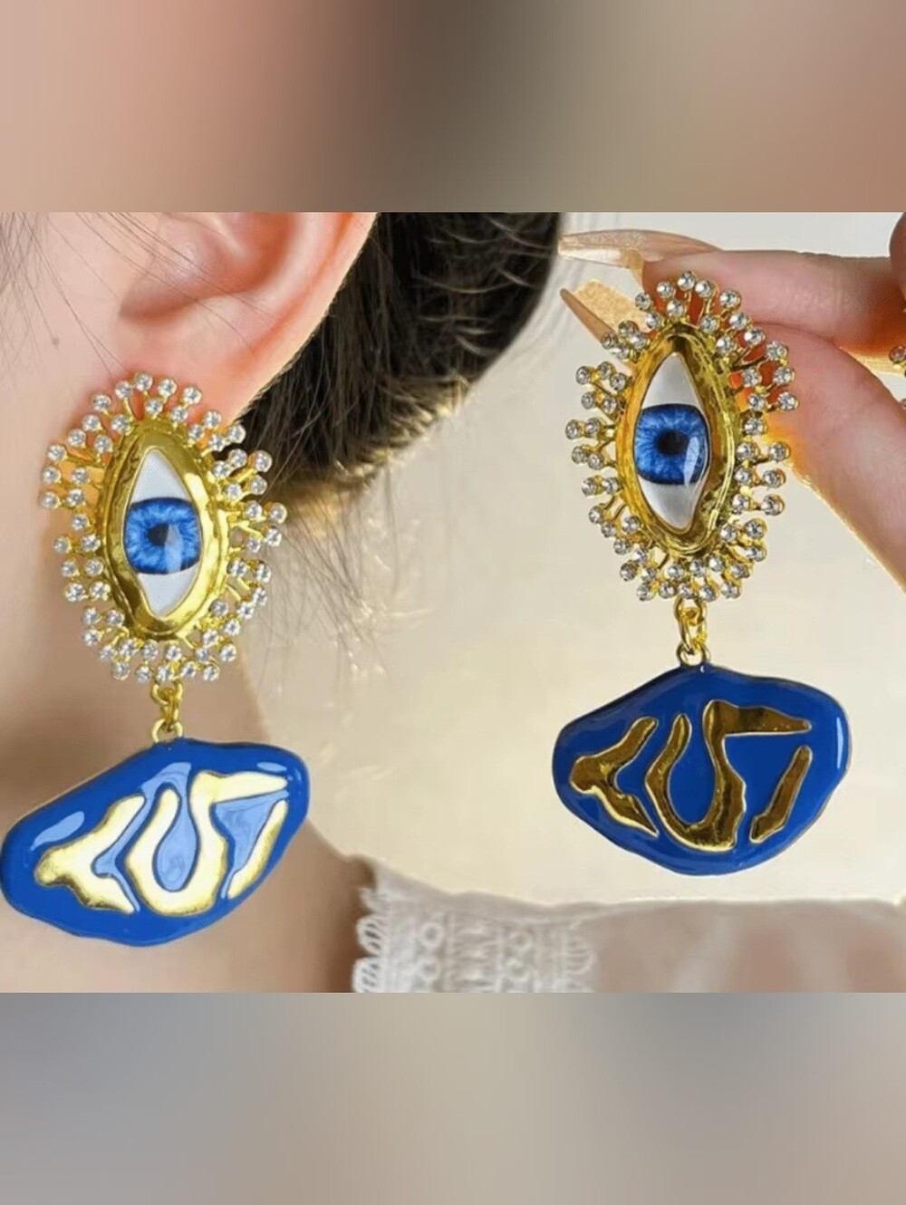 Gold And Blue Enamel Artisan Eye Drop Dangle Earrings 2.76" Women Jewelry